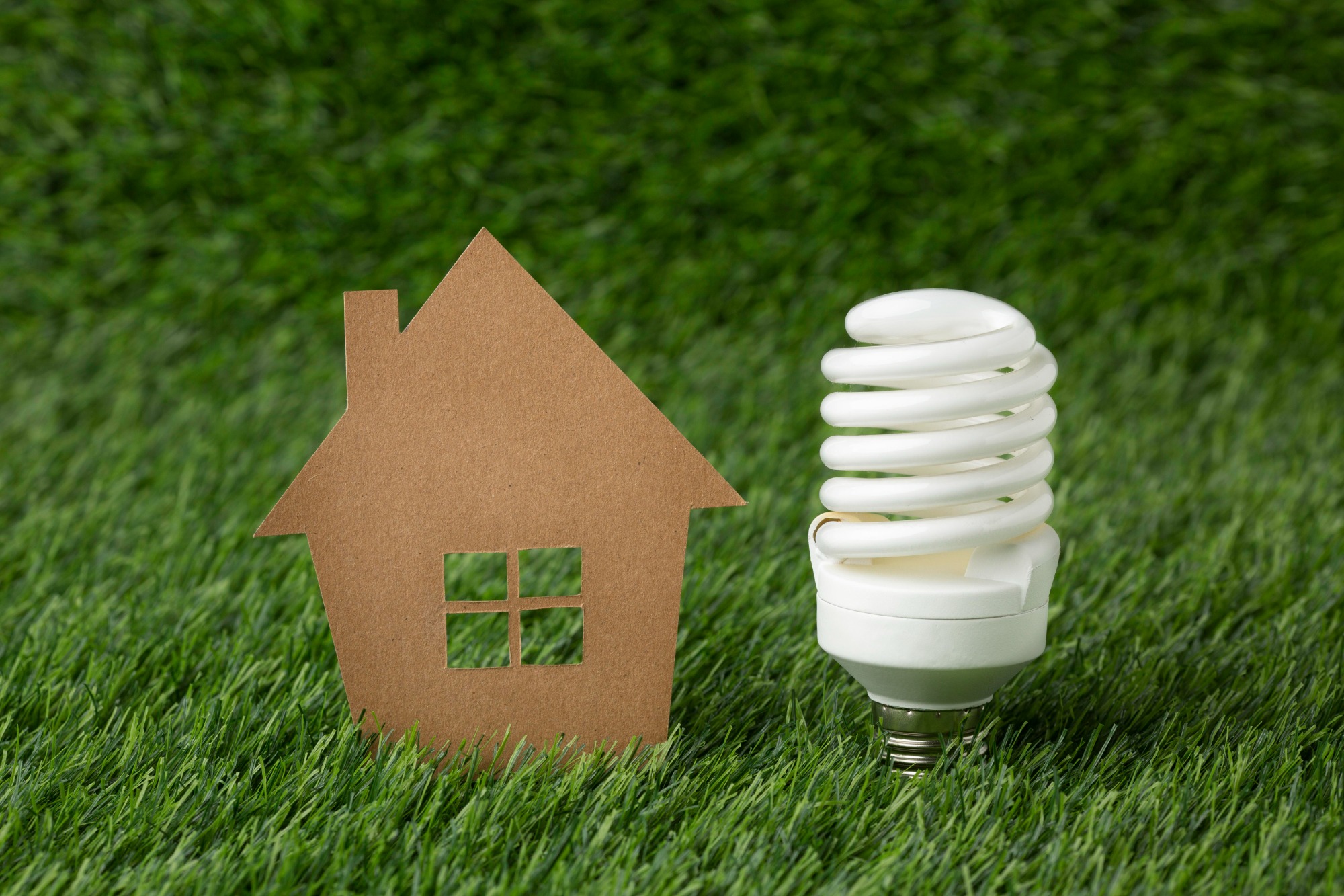 Huis en lamp in gras. Duurzaam wonen.